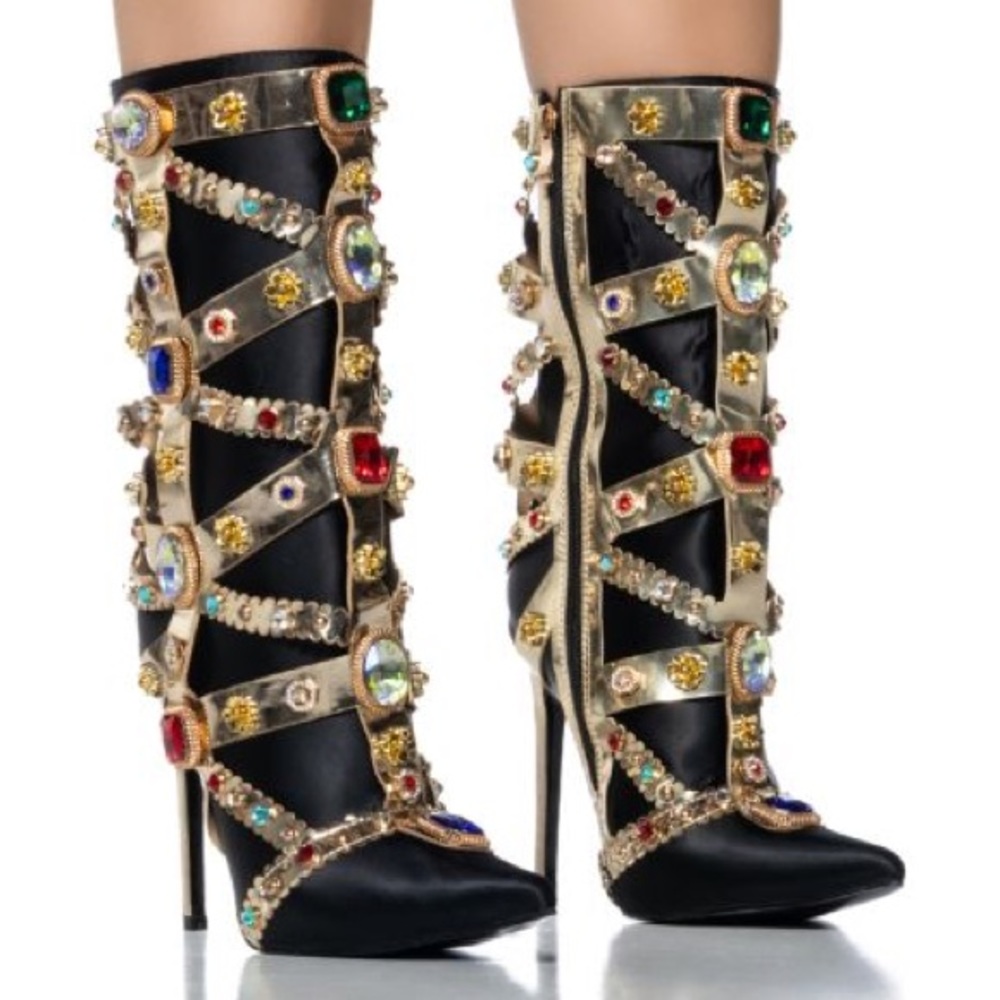 •MARTINEZ• Embellished Gem Black Stiletto Bootie by Azalea Wang